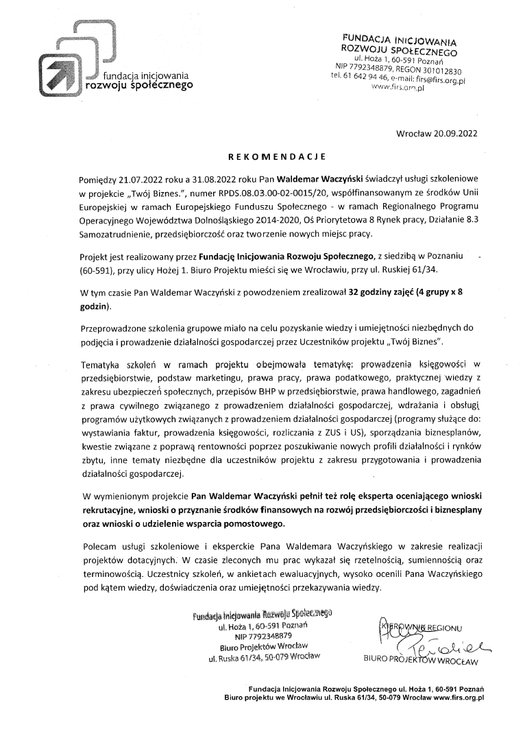 Fundacja Inicjowania Rozwoju Społecznego Referencje