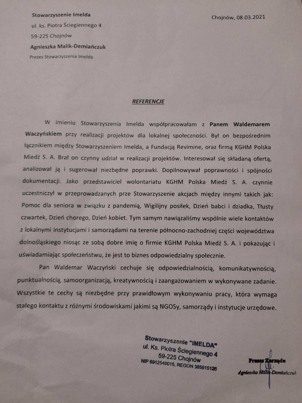Stowarzyszenie Imelda - Referencje
